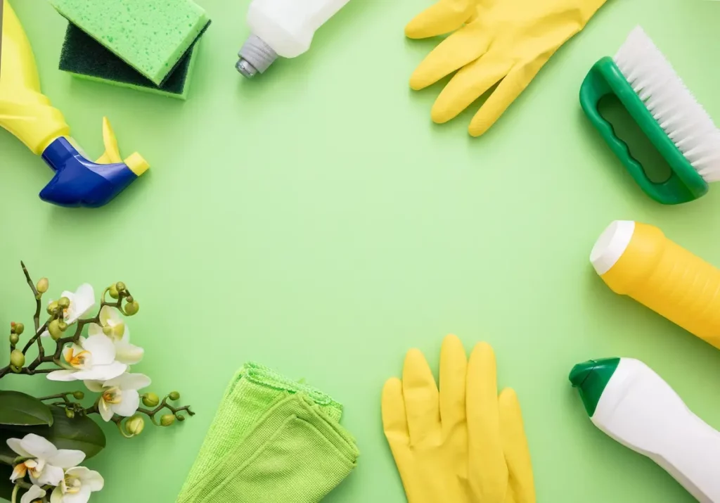 A flat lay of cleaning supplies arranged on a green background, including yellow rubber gloves, sponges, spray bottles, a scrub brush, and a green cloth. White orchids are placed on the side for decoration.