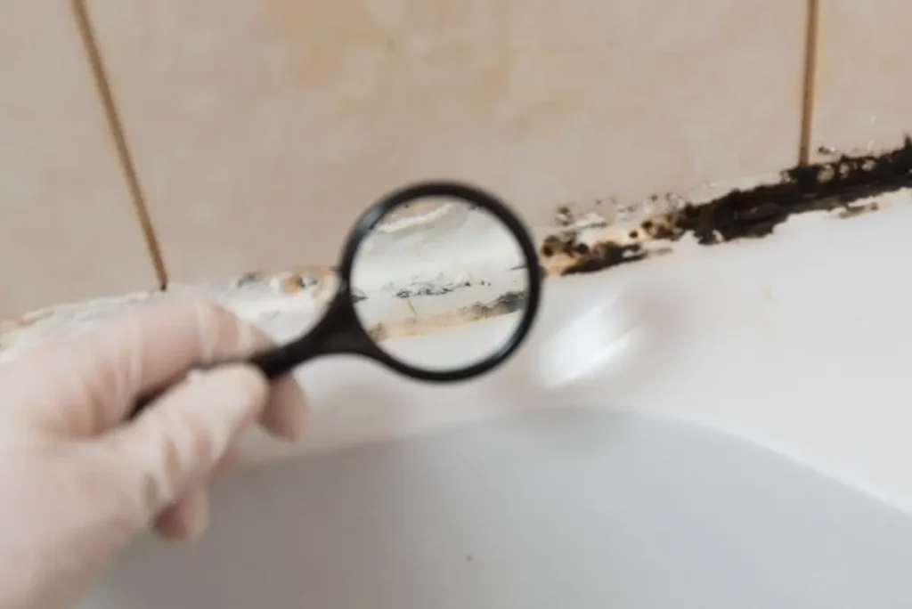 A gloved hand holding a magnifying glass examines a section of a bathroom tub or sink, focusing on moldy grout and tile. The grout appears damaged and blackened, indicating mold growth. The background is out of focus.