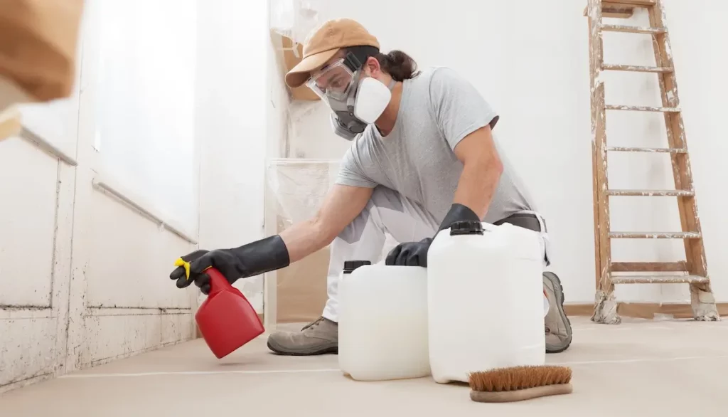 A person wearing safety gear and gloves is applying a liquid from a red spray bottle onto a surface. Two large white containers and a scrub brush are on the floor nearby. A ladder is in the background.