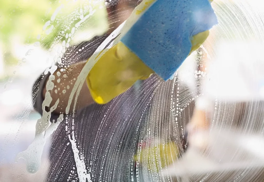 A person wearing yellow gloves is cleaning a glass surface with a blue sponge. The glass has circular patterns of soap suds, and the background is blurred.