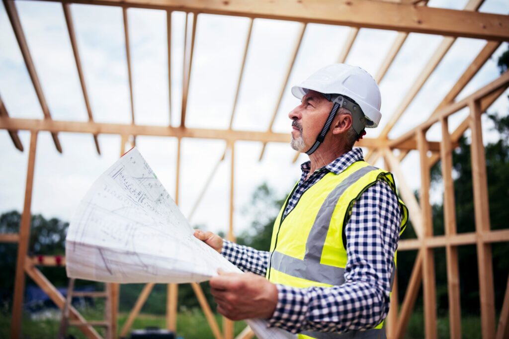 Man in a checkered shirt and yellow safety vest examines blueprints while standing inside a wooden building frame. He is wearing a white hard hat and looking attentively at the plans. Trees and sky are visible in the background.