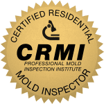 Gold badge with a serrated edge featuring a microscope icon. Text reads: "Certified Residential Mold Inspector - CRMI - Professional Mold Inspection Institute.