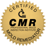 Gold seal badge with a scalloped edge, featuring a microscope icon at the top. Text reads "CERTIFIED CMR Professional Mold Inspection Institute Mold Remediator" in black letters.