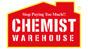 Logo of Chemist Warehouse: A red house silhouette with the words "Stop Paying Too Much!! CHEMIST WAREHOUSE" in white.