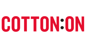 The image displays the Cotton On logo, featuring the brand name in bold red capital letters with two black dots in between. The background is plain white.