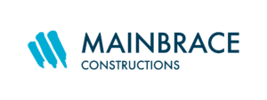 Logo of Mainbrace Constructions featuring two stylized blue pillars on the left and the company name in blue text on the right.